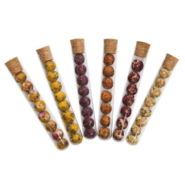 8-Piece Blooming Flower Tea Set | Natural Dry Flower Tea Balls in Glass Tubes | Rose & Hibiscus Floral Infusion Health Tea Gift Set