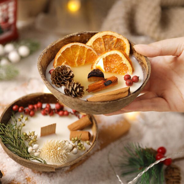 Coconut Bowl Scented Candle | Handmade Soy Wax Candle with Dried Flowers | Christmas Home Fragrance & Bedroom Ambiance Décor