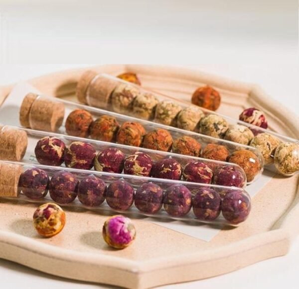 8-Piece Blooming Flower Tea Set | Natural Dry Flower Tea Balls in Glass Tubes | Rose & Hibiscus Floral Infusion Health Tea Gift Set