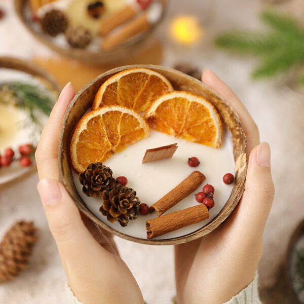 Coconut Bowl Scented Candle | Handmade Soy Wax Candle with Dried Flowers | Christmas Home Fragrance & Bedroom Ambiance Décor