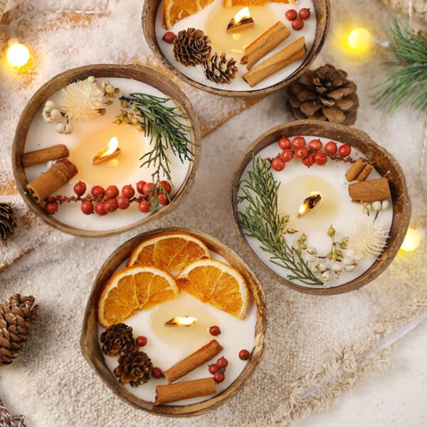 Coconut Bowl Scented Candle | Handmade Soy Wax Candle with Dried Flowers | Christmas Home Fragrance & Bedroom Ambiance Décor