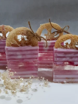 ac12b3556f416138ec8246ebb2be1646.webp Rose Flower Scrub Soap with Pink Himalayan Salt & Essential Oil | Loofah Exfoliating Handmade Soap | Halal Body & Bath Gift